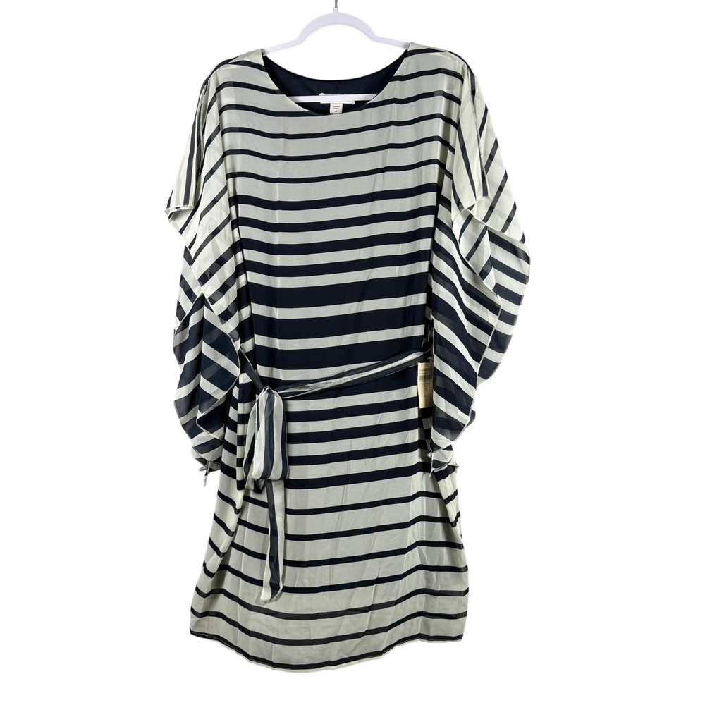 Coldwater Creek Womens 10 Navy Ivory Striped Flutter Dress Cape Sleeve Belted